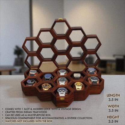Vintage Watch Box for Men, Wooden Watch Storage Organizer, Display Case, Jewelry Box for Women - Honeycomb Shape, 11 Slots