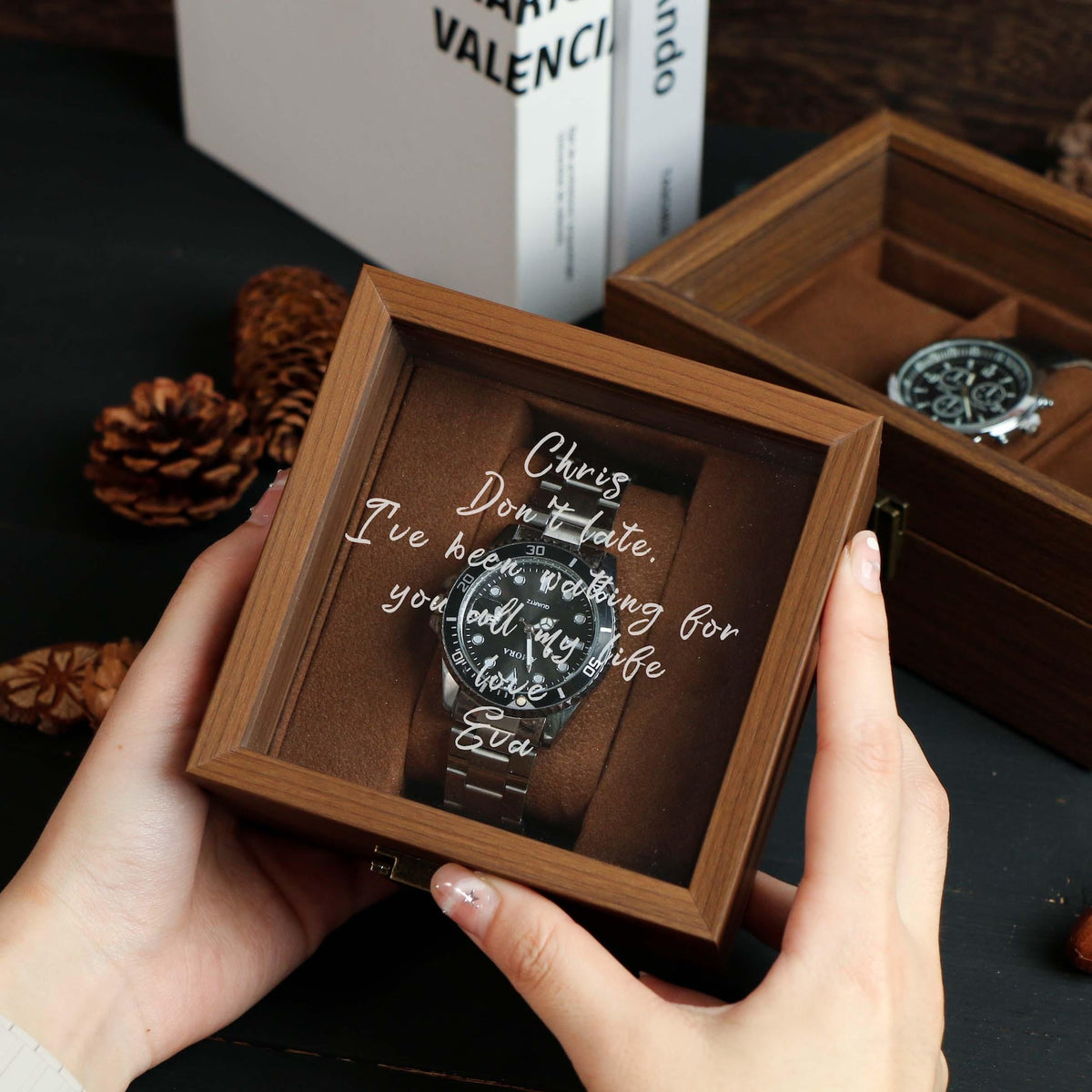 Watch Box w/ Glass Top & Pillow - Custom Wood Box, Wedding Day Gift Father of the Bride Groom Husband from Bride,Groomsman Gift,Mens Gift