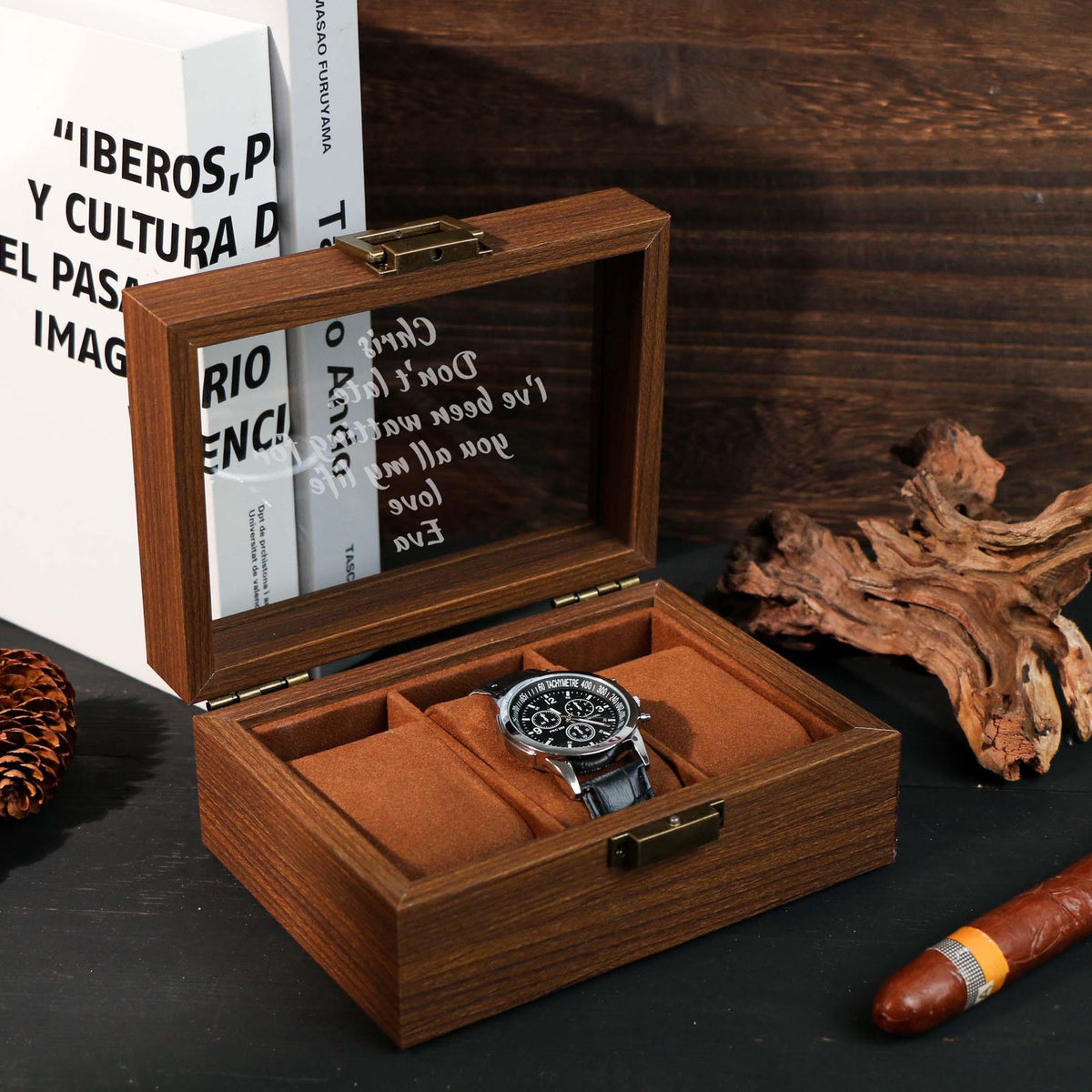 Watch Box w/ Glass Top & Pillow - Custom Wood Box, Wedding Day Gift Father of the Bride Groom Husband from Bride,Groomsman Gift,Mens Gift