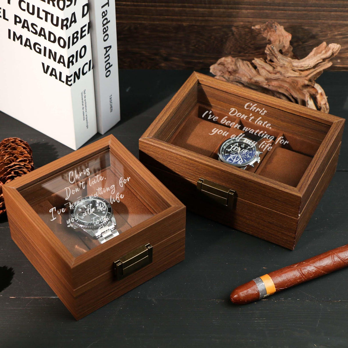 Watch Box w/ Glass Top & Pillow - Custom Wood Box, Wedding Day Gift Father of the Bride Groom Husband from Bride,Groomsman Gift,Mens Gift