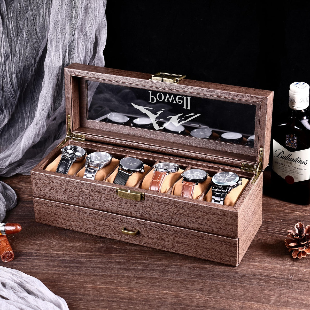 Custom Engraved 2 layer 6 Slot Leather Watch Box | Gift for Dad Birthday Gift for Men Anniversary Gift | Personalized Watch Storage Case