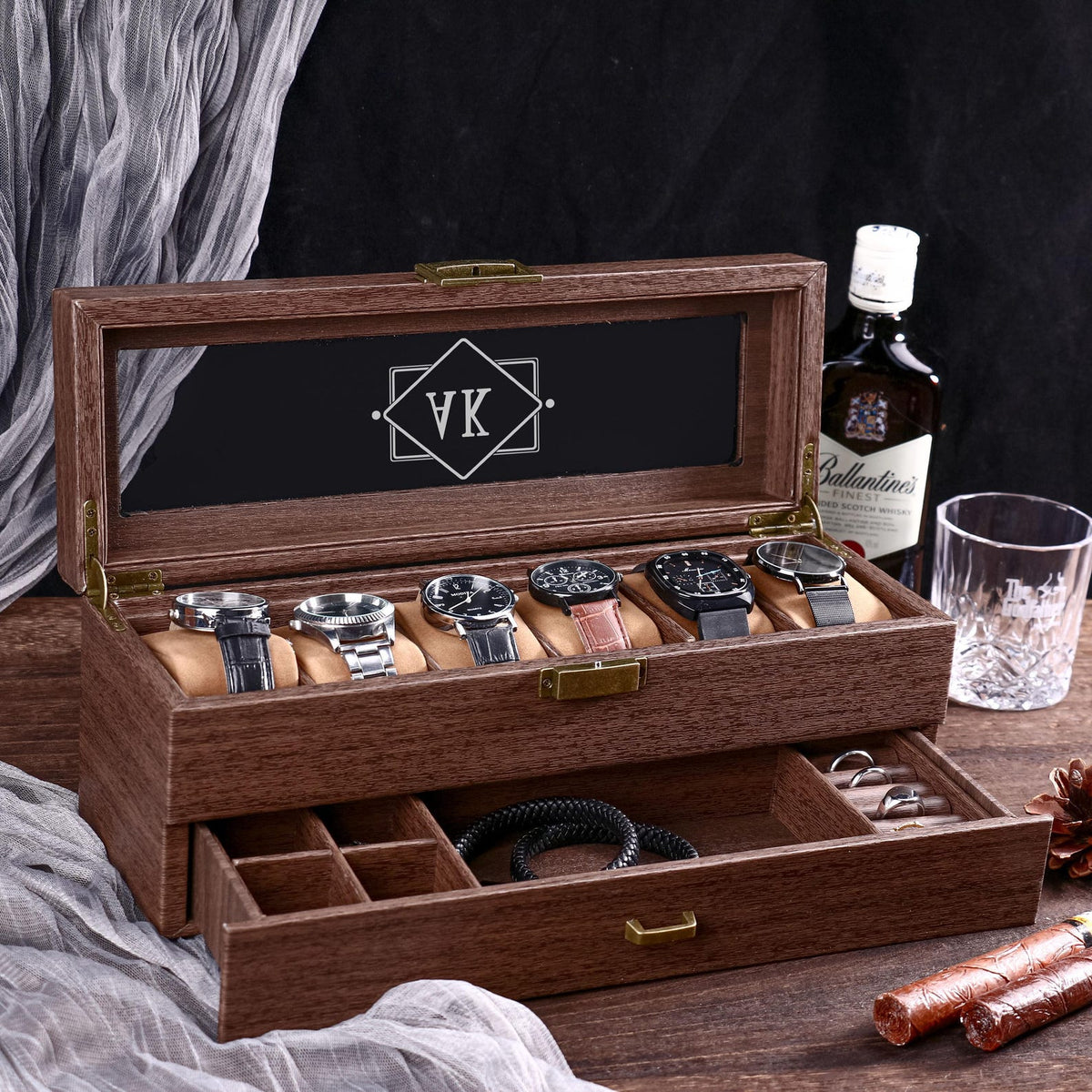 Custom Engraved 2 layer 6 Slot Leather Watch Box | Gift for Dad Birthday Gift for Men Anniversary Gift | Personalized Watch Storage Case