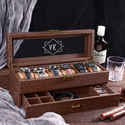 Custom Engraved 2 layer 6 Slot Leather Watch Box | Gift for Dad Birthday Gift for Men Anniversary Gift | Personalized Watch Storage Case