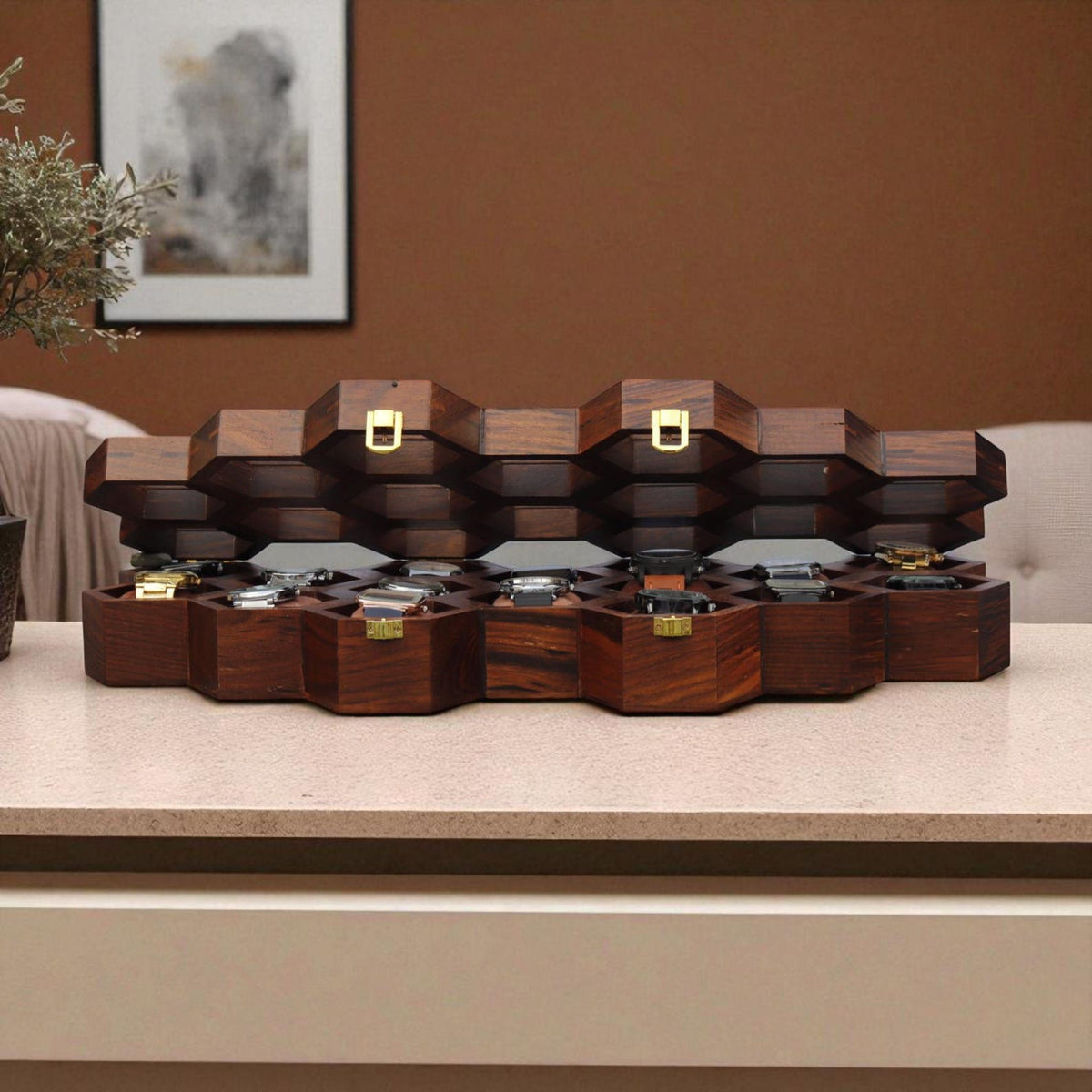 Vintage Wooden Watch Box for Men & Women, Wrist Watch Holder, Jewelry Storage Case, Timepiece Organizer, 16 Slots