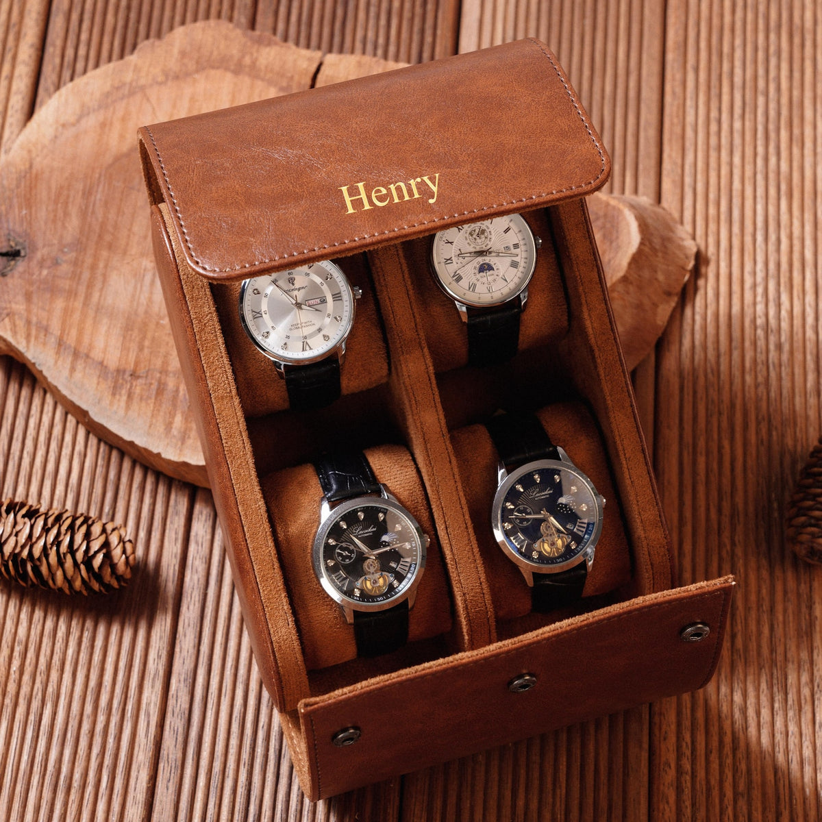 Personalized Leather Travel Watch Case for Four – Custom Groomsmen, Wedding & Father’s Day Gift,ersonalized Watch Box