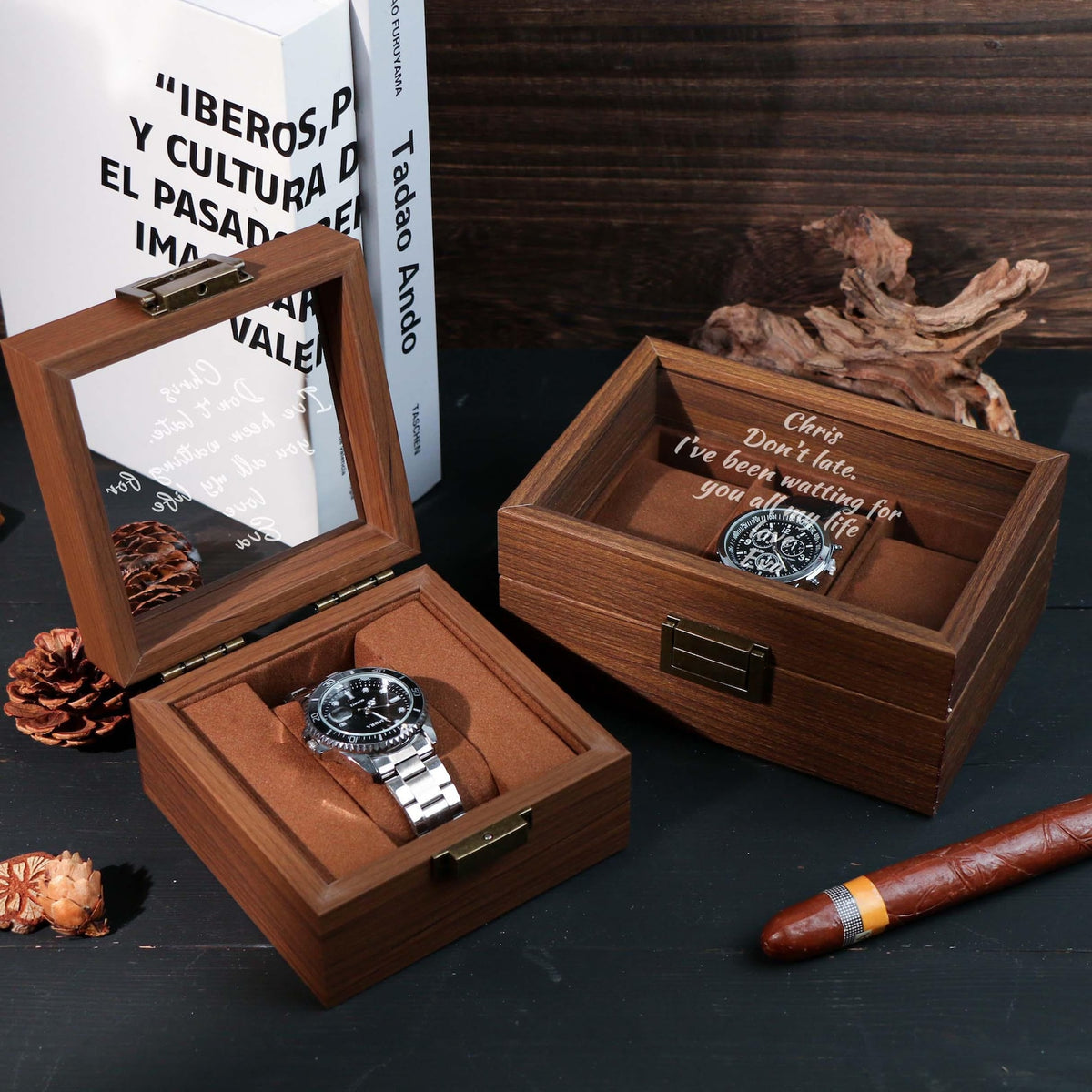 Watch Box w/ Glass Top & Pillow - Custom Wood Box, Wedding Day Gift Father of the Bride Groom Husband from Bride,Groomsman Gift,Mens Gift