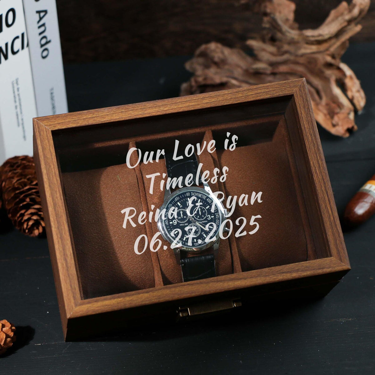 Watch Box w/ Glass Top & Pillow - Custom Wood Box, Wedding Day Gift Father of the Bride Groom Husband from Bride,Groomsman Gift,Mens Gift