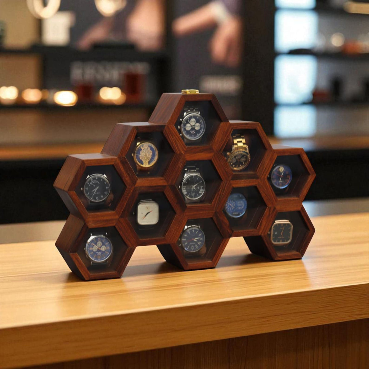 Vintage Watch Box for Men, Wooden Watch Storage Organizer, Display Case, Jewelry Box for Women - Honeycomb Shape, 11 Slots