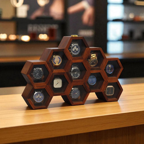 Vintage Watch Box for Men, Wooden Watch Storage Organizer, Display Case, Jewelry Box for Women - Honeycomb Shape, 11 Slots