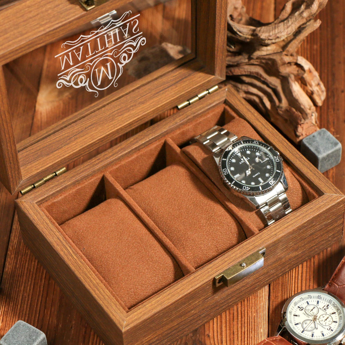 Personalized wooden Watch Box for 1 or 3, Gift for Husband, Luxury Gift for Him, Custom Engraved Watch Display Case, Personalized Name