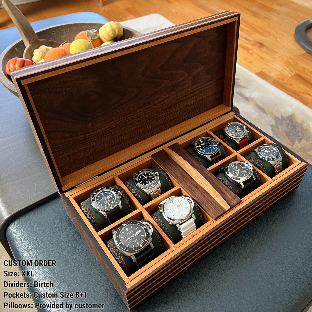Handmade Black Walnut Watch Box, Custom Dividers & Engraving