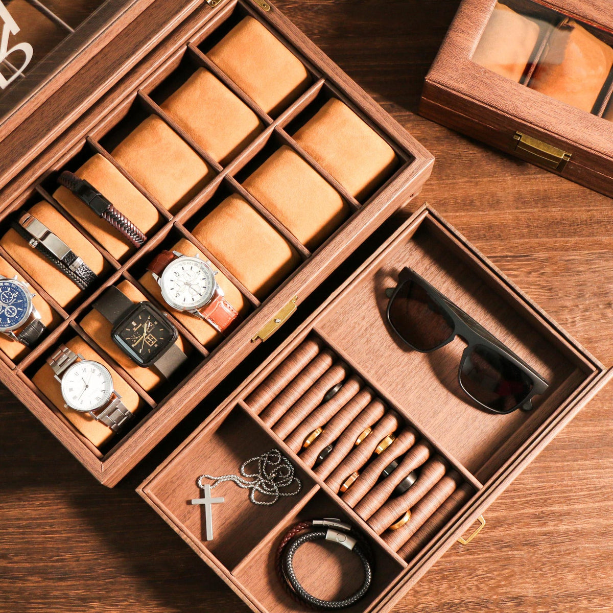 TWO Layers 6 Slot Personalized Men's Watch Box |with Drawer Watch Display Case for 6Watches,Custom Watch Storage Case, Watch Box for Mens