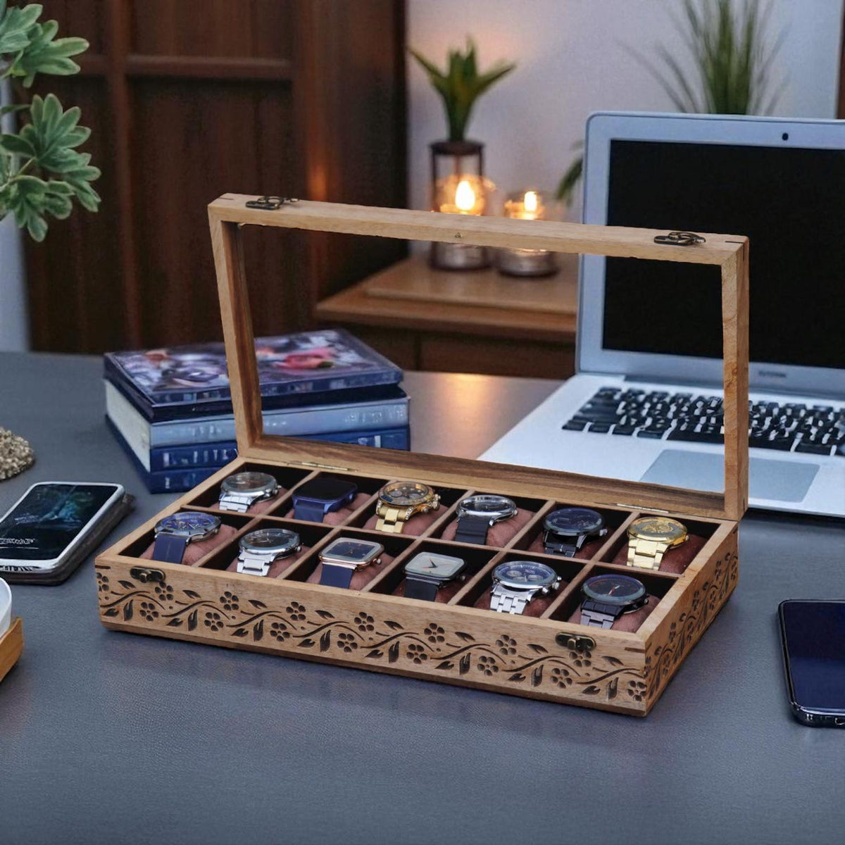 Luxury Wooden Watch Box – Handmade Watch Organizer with 12 Slots