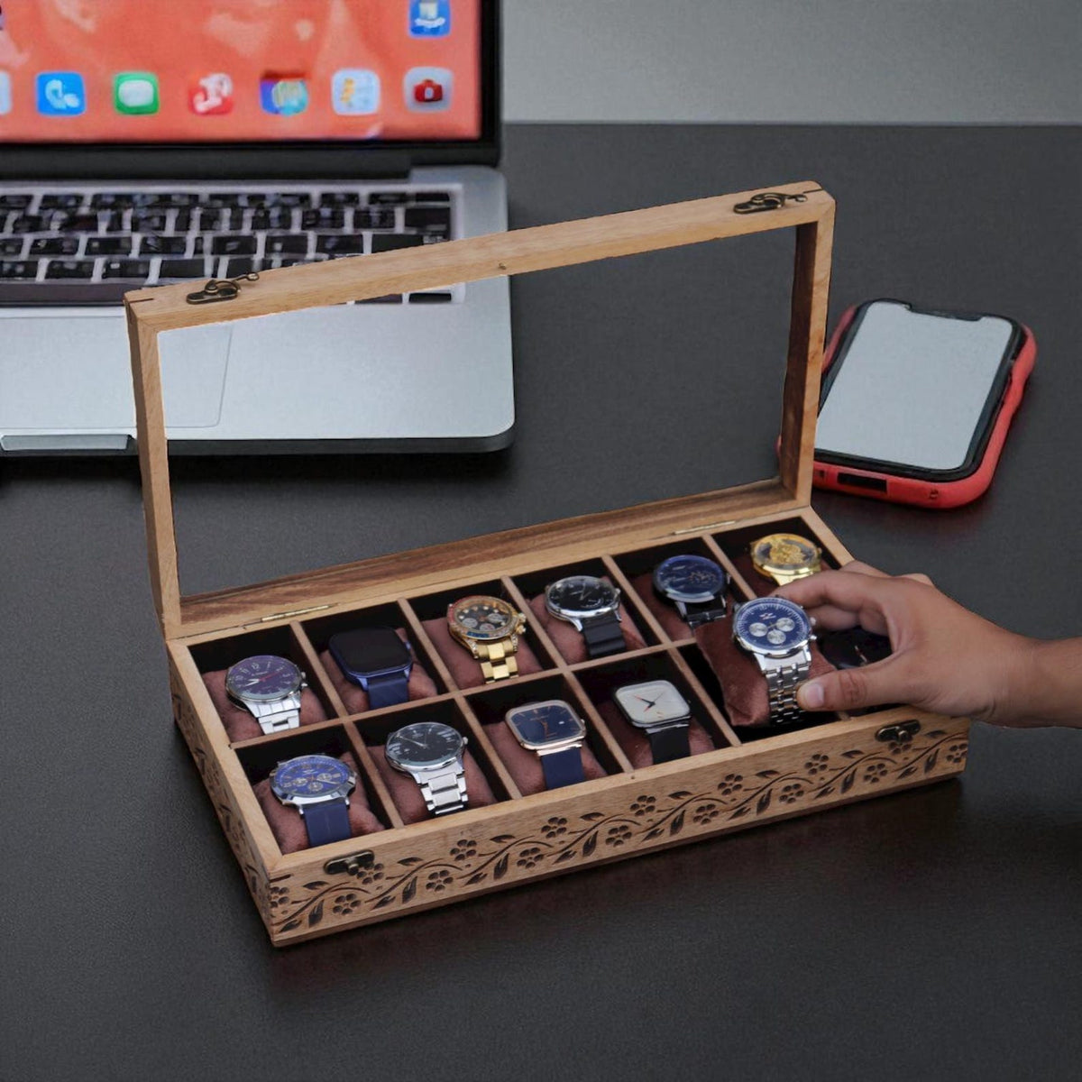 Luxury Wooden Watch Box – Handmade Watch Organizer with 12 Slots