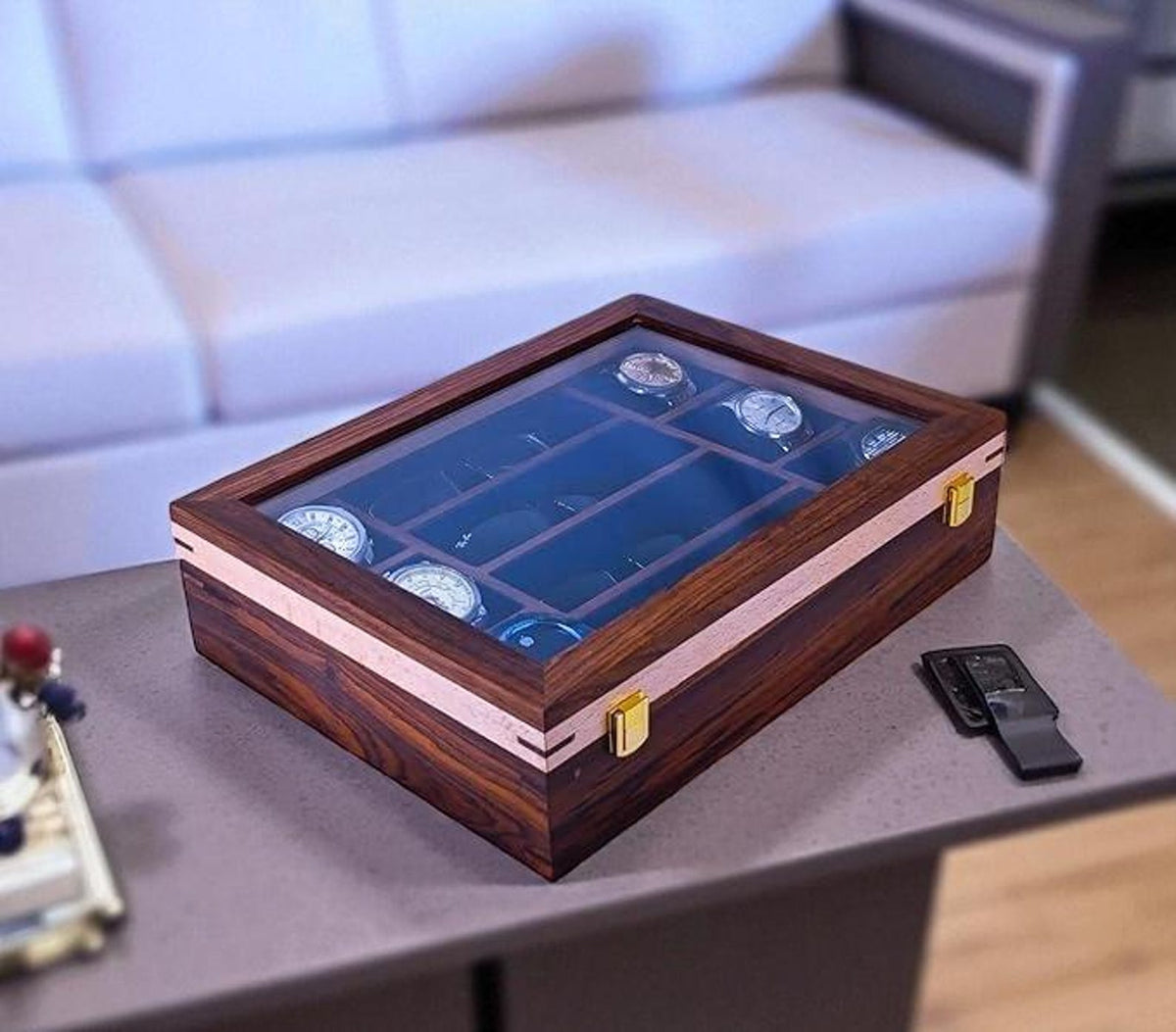 Rosewood Finish Wooden Watch Box with Sunglass Storage