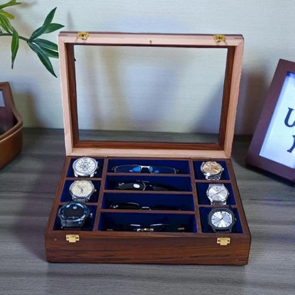 Rosewood Finish Wooden Watch Box with Sunglass Storage
