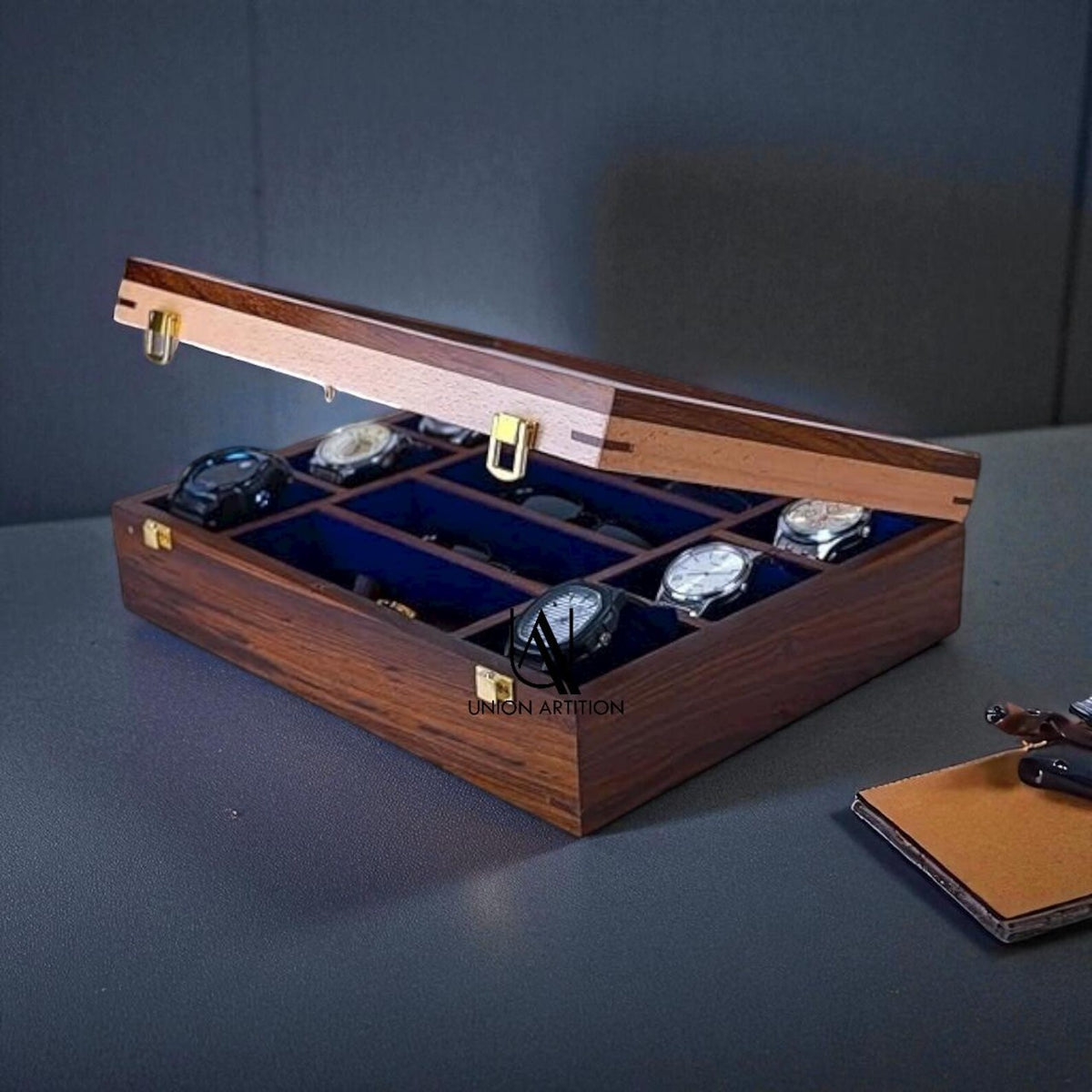 Rosewood Finish Wooden Watch Box with Sunglass Storage