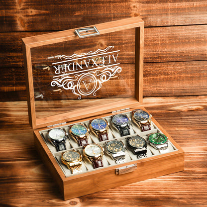 Personalized Black Watch Box, Engraved Watch Holder, Birthday Gift for Him, Fathers Day Gift, Boyfriend Gift, Anniversary Gift for Husband