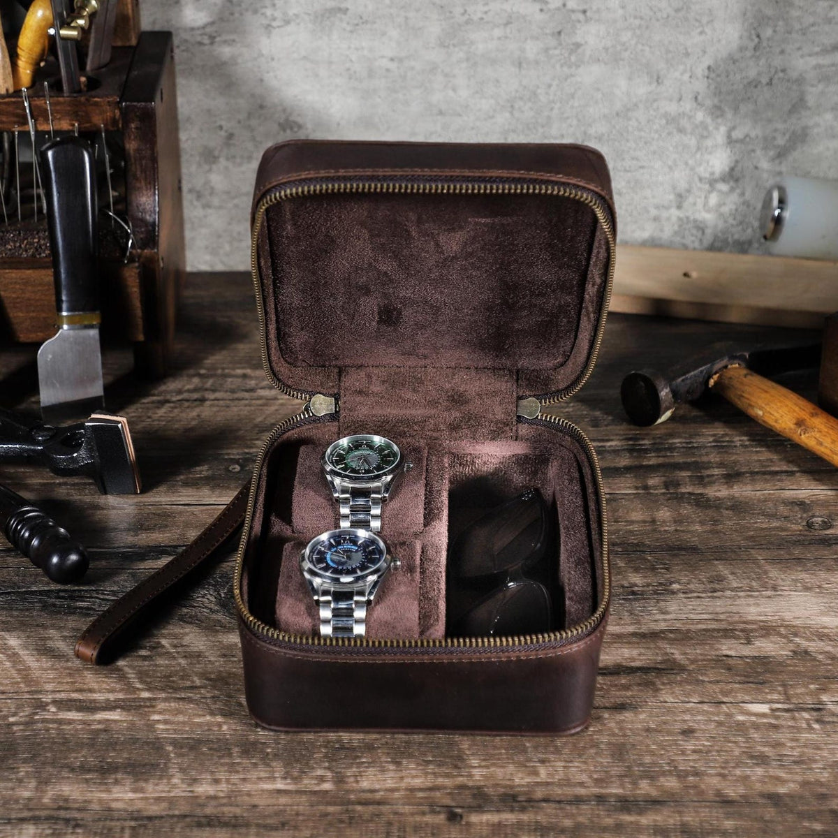 Engraved leather watch case, custom watch travel case, Watch and sunglasses box, Watch jewelry box for men, Father's day gift