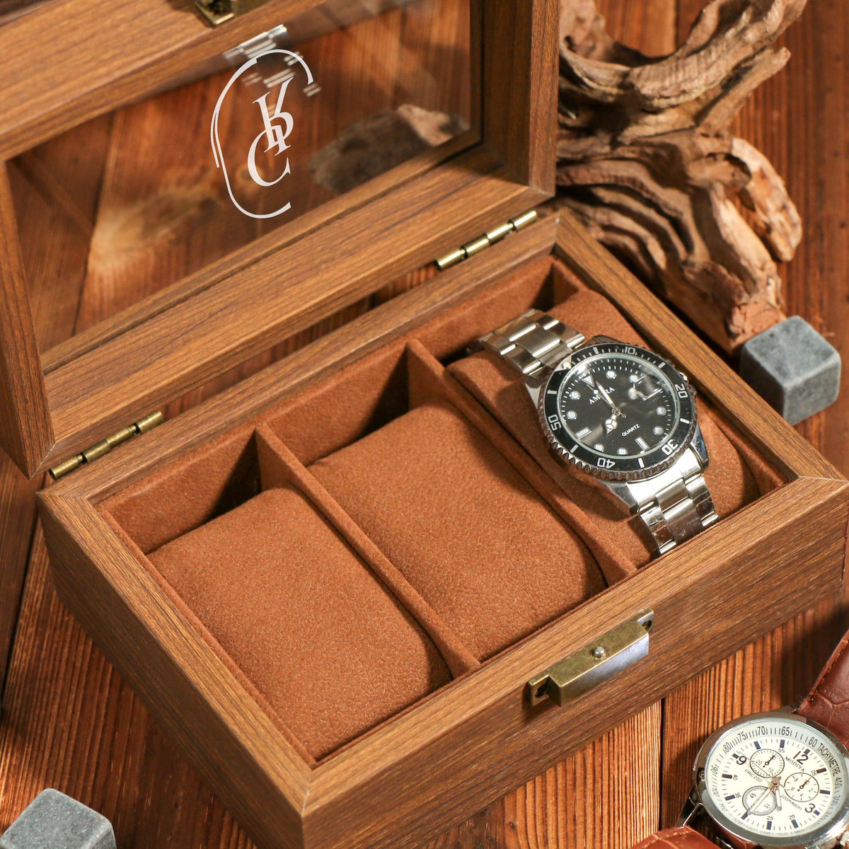 Personalized wooden Watch Box for 1 or 3, Gift for Husband, Luxury Gift for Him, Custom Engraved Watch Display Case, Personalized Name