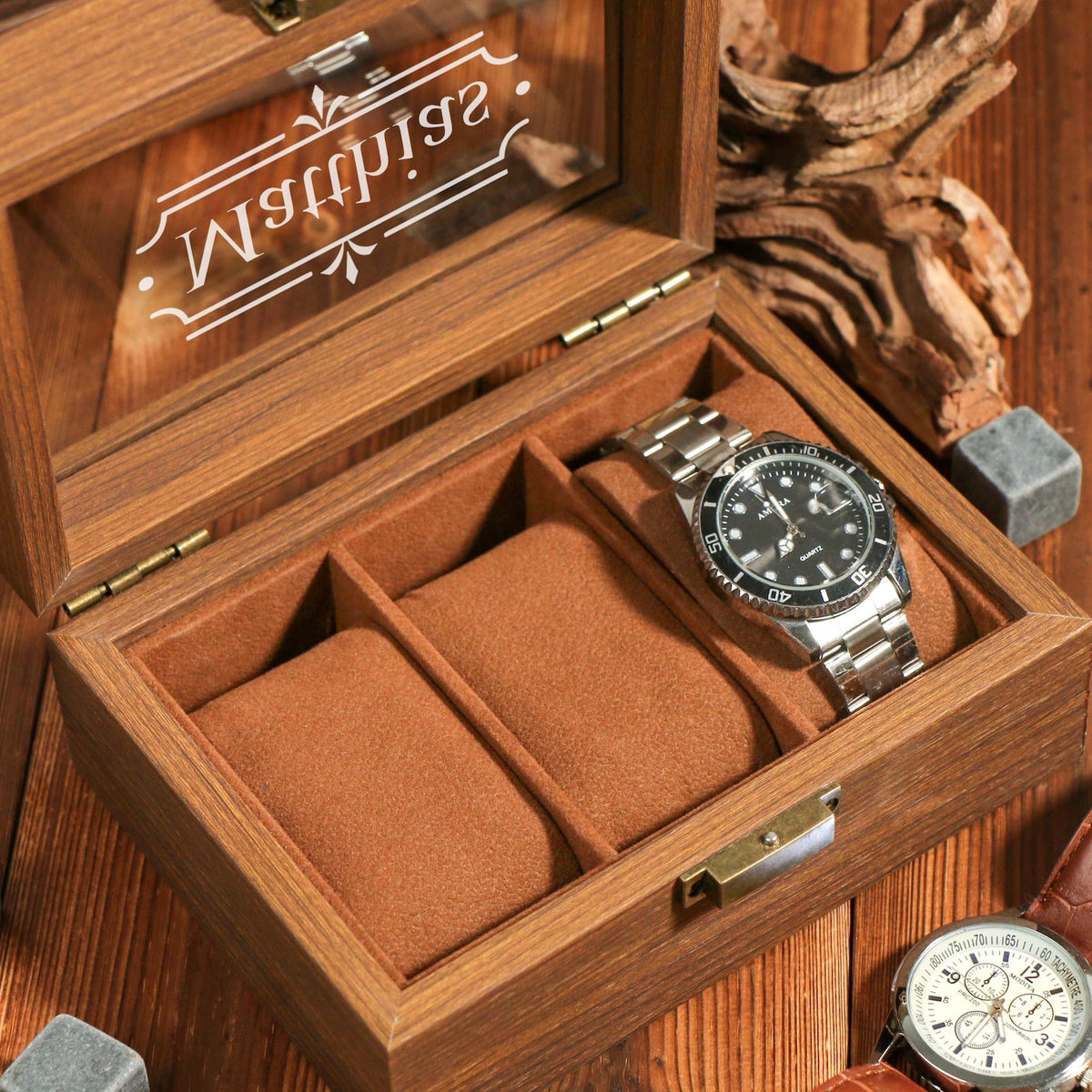 Personalized wooden Watch Box for 1 or 3, Gift for Husband, Luxury Gift for Him, Custom Engraved Watch Display Case, Personalized Name