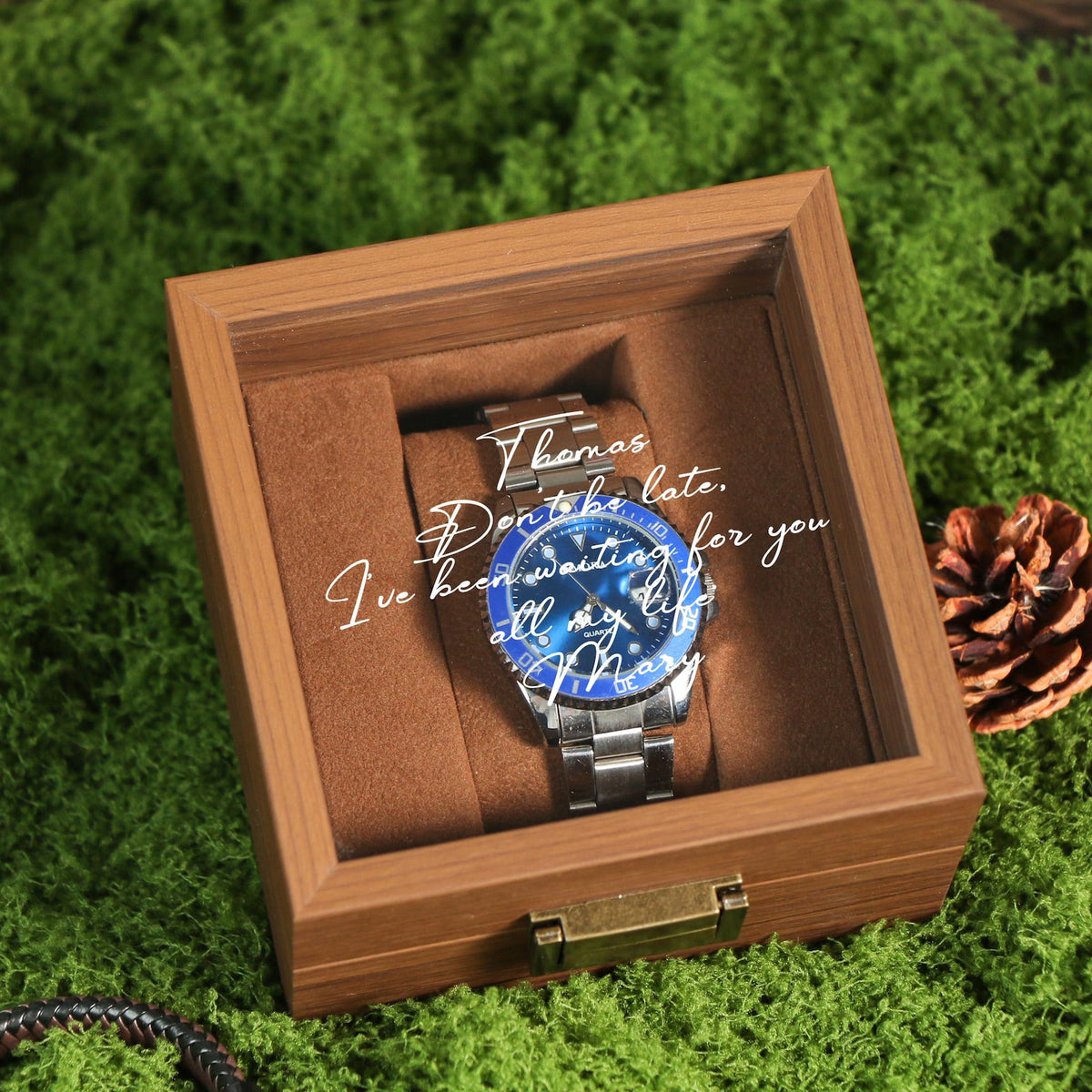Watch Box w/ Glass Top & Pillow - Custom Wood Box, Wedding Day Gift Father of the Bride Groom Husband from Bride,Groomsman Gift,Mens Gift