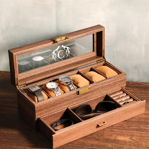 TWO Layers 6 Slot Personalized Men's Watch Box |with Drawer Watch Display Case for 6Watches,Custom Watch Storage Case, Watch Box for Mens