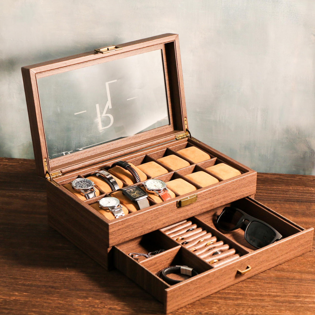 TWO Layers 6 Slot Personalized Men's Watch Box |with Drawer Watch Display Case for 6Watches,Custom Watch Storage Case, Watch Box for Mens