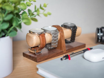 Walnut Watch Stand: Handmade 4 Watch Display, Personalized Gift, Bedside Jewelry Holder, Timestand L