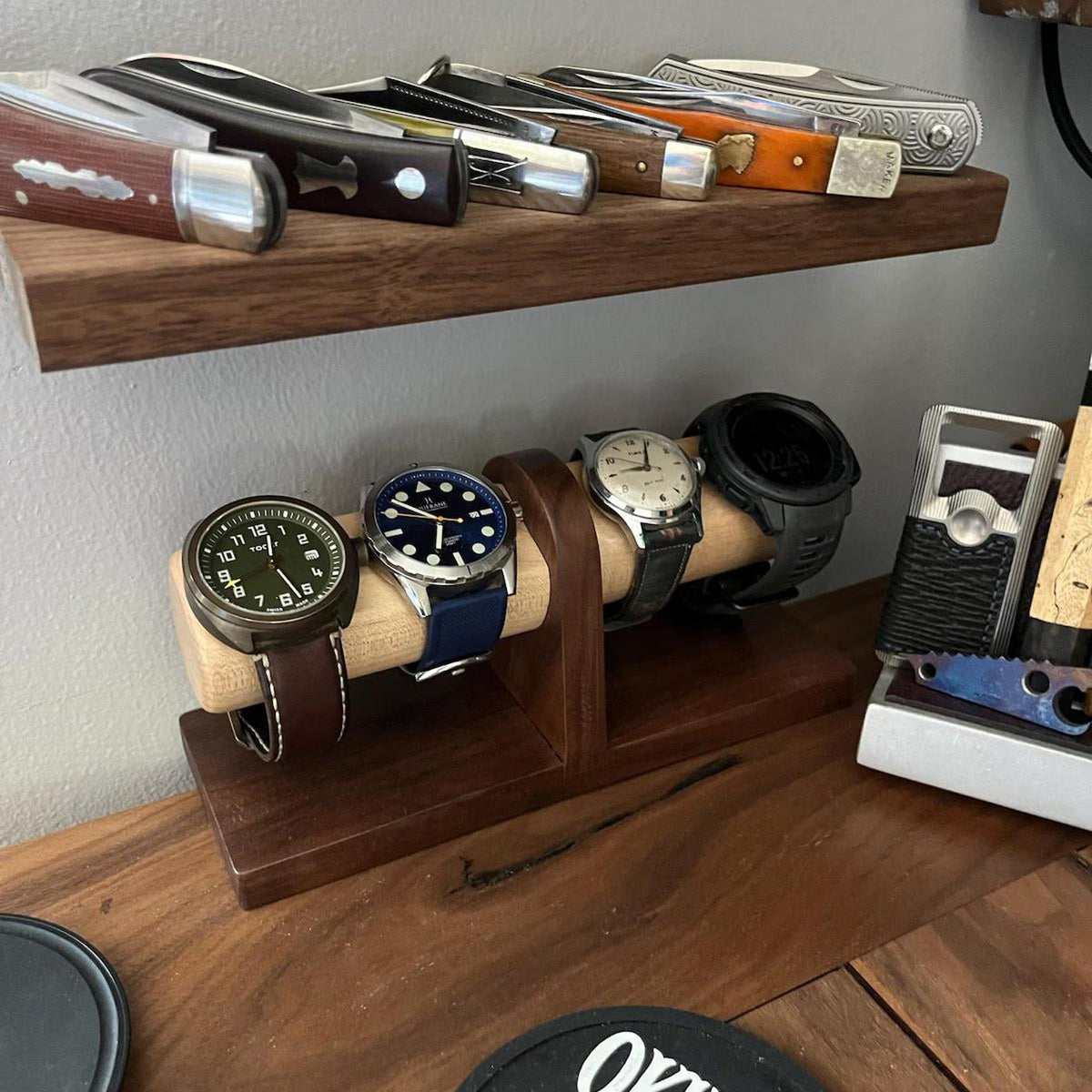 Walnut Watch Stand: Handmade 4 Watch Display, Personalized Gift, Bedside Jewelry Holder, Timestand L