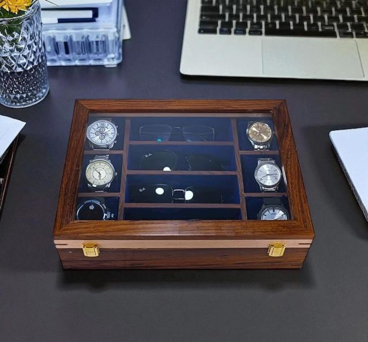 Rosewood Finish Wooden Watch Box with Sunglass Storage