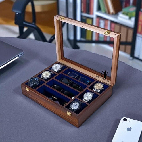 Rosewood Finish Wooden Watch Box with Sunglass Storage