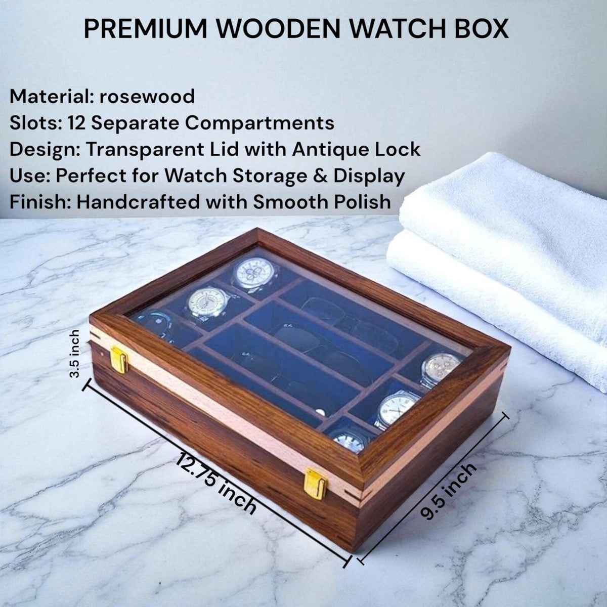 Rosewood Finish Wooden Watch Box with Sunglass Storage