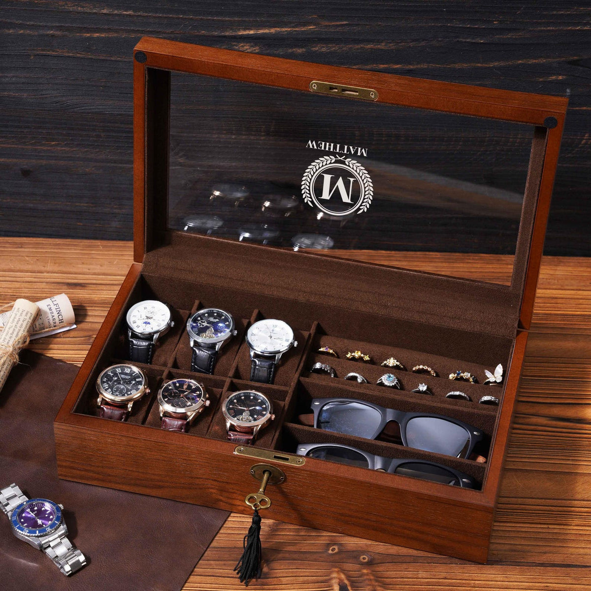 Personalized Wood Jewelry Box, Sunglasses & Watch Storage, Gift For Him
