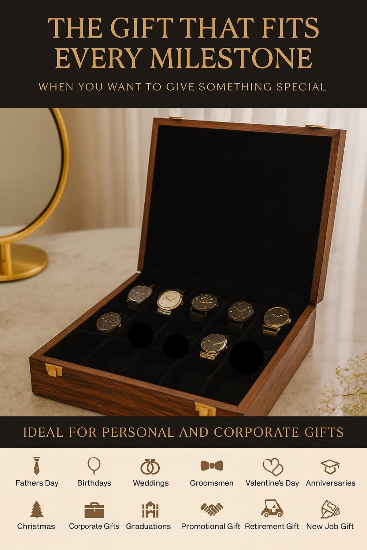 15 Slot Wooden Watch Case – Custom Engraved Jewellery Organizer Box, Gift for Husband, Father & Watch Collector