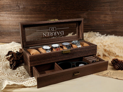 TWO Layers 6 Slots Personalized Men's Watch Box | with Drawer Watch Display Case for 6 Watches |Grain Leather watch box|Anniversary for Him