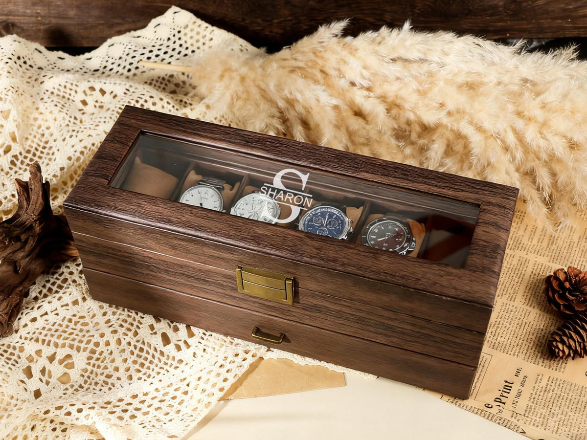 TWO Layers 6 Slots Personalized Men's Watch Box | with Drawer Watch Display Case for 6 Watches |Grain Leather watch box|Anniversary for Him