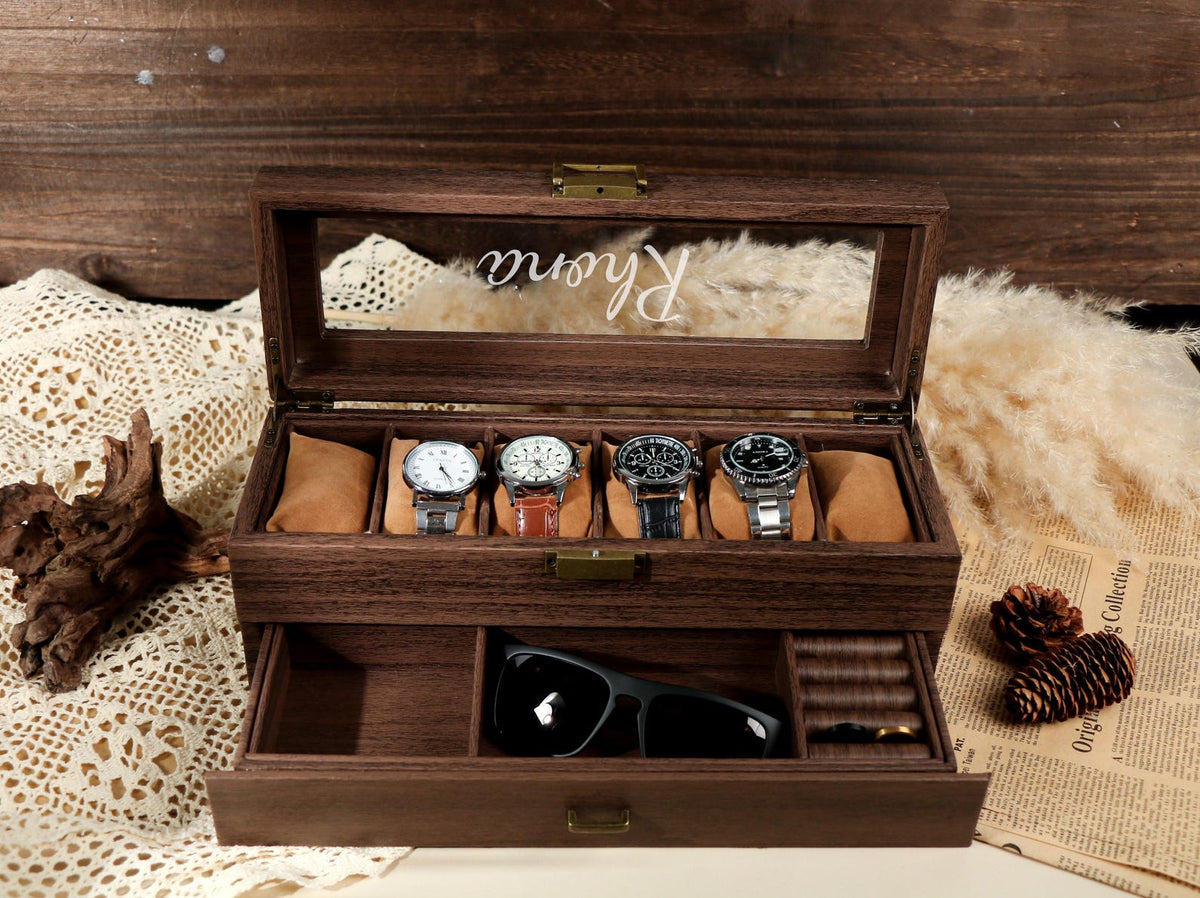 TWO Layers 6 Slots Personalized Men's Watch Box | with Drawer Watch Display Case for 6 Watches |Grain Leather watch box|Anniversary for Him