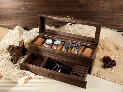 TWO Layers 6 Slots Personalized Men's Watch Box | with Drawer Watch Display Case for 6 Watches |Grain Leather watch box|Anniversary for Him