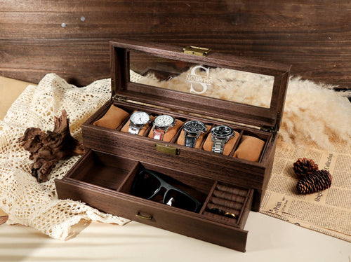 TWO Layers 6 Slots Personalized Men's Watch Box | with Drawer Watch Display Case for 6 Watches |Grain Leather watch box|Anniversary for Him