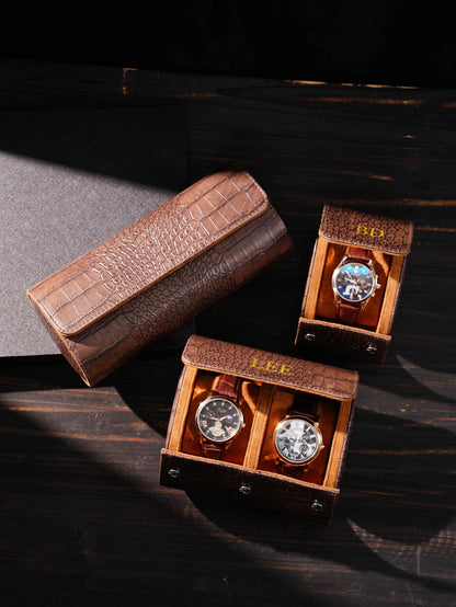 Personalized vegan leather watch box, brown roll-up watch case with vegan leather effect, Vegan Leather Watch Box, gift for men
