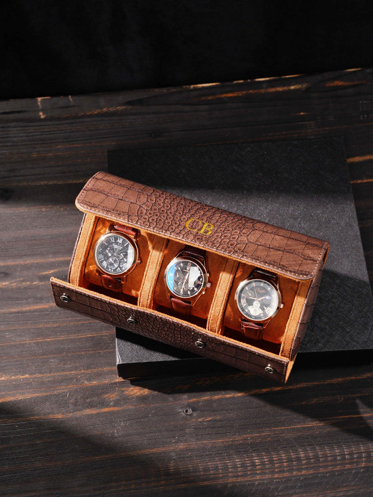 Personalized vegan leather watch box, brown roll-up watch case with vegan leather effect, Vegan Leather Watch Box, gift for men