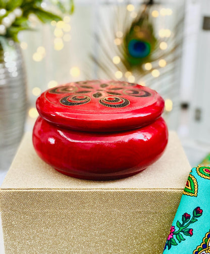 Red wooden box for jewelry and trinkets, round watch box with inlaid lid.