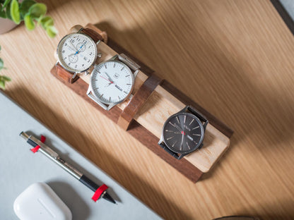 Walnut Watch Stand: Handmade 4 Watch Display, Personalized Gift, Bedside Jewelry Holder, Timestand L