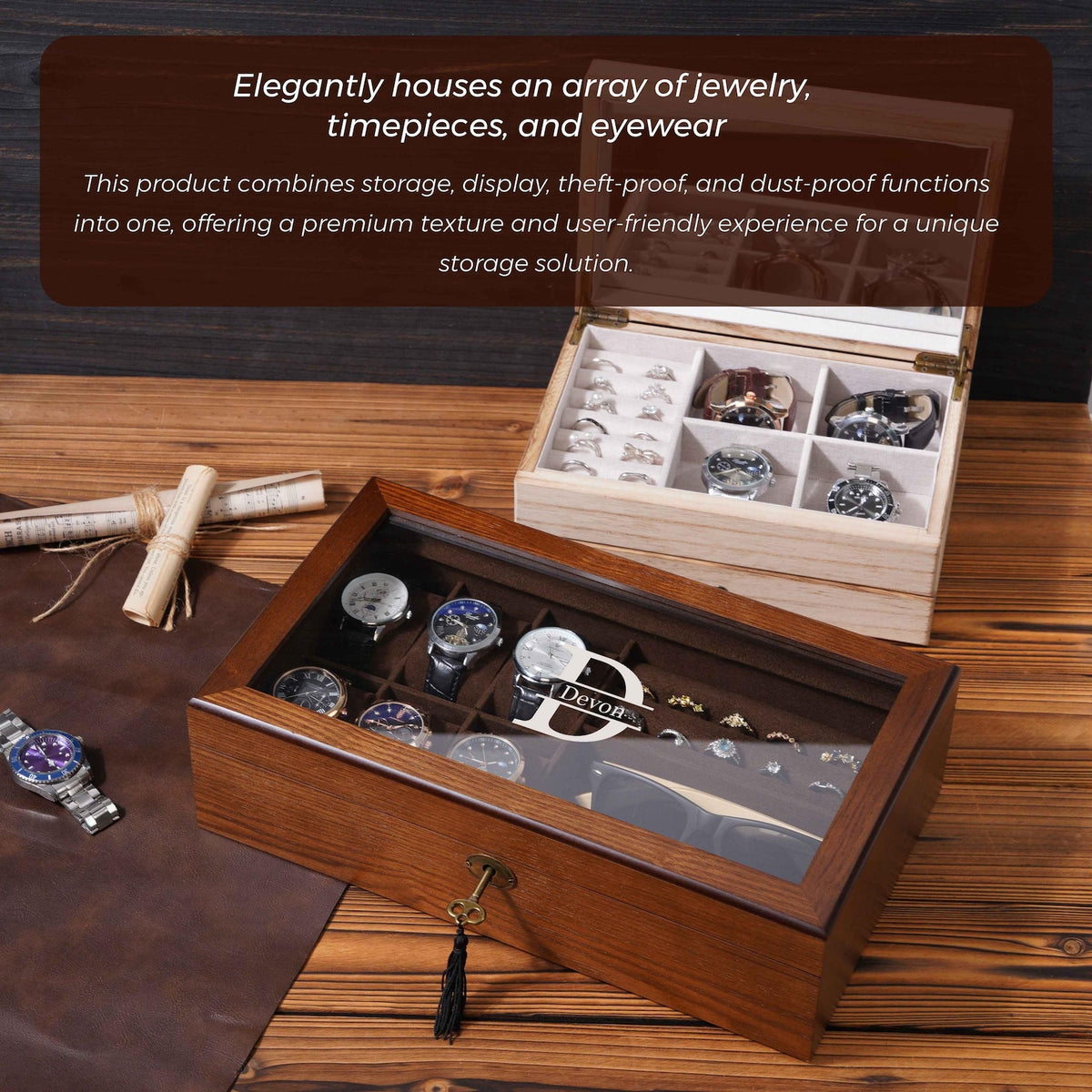 Personalized Wood Jewelry Box, Sunglasses & Watch Storage, Gift For Him