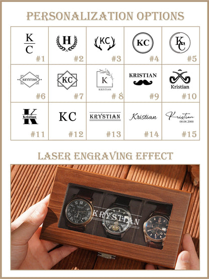Walnut Watch Box for Men, Mens Watch Organizer,3 slot, 6 slot, Wooden Watch Case, Glass Top Box, Gift for Him,Valentine's Day Gifts