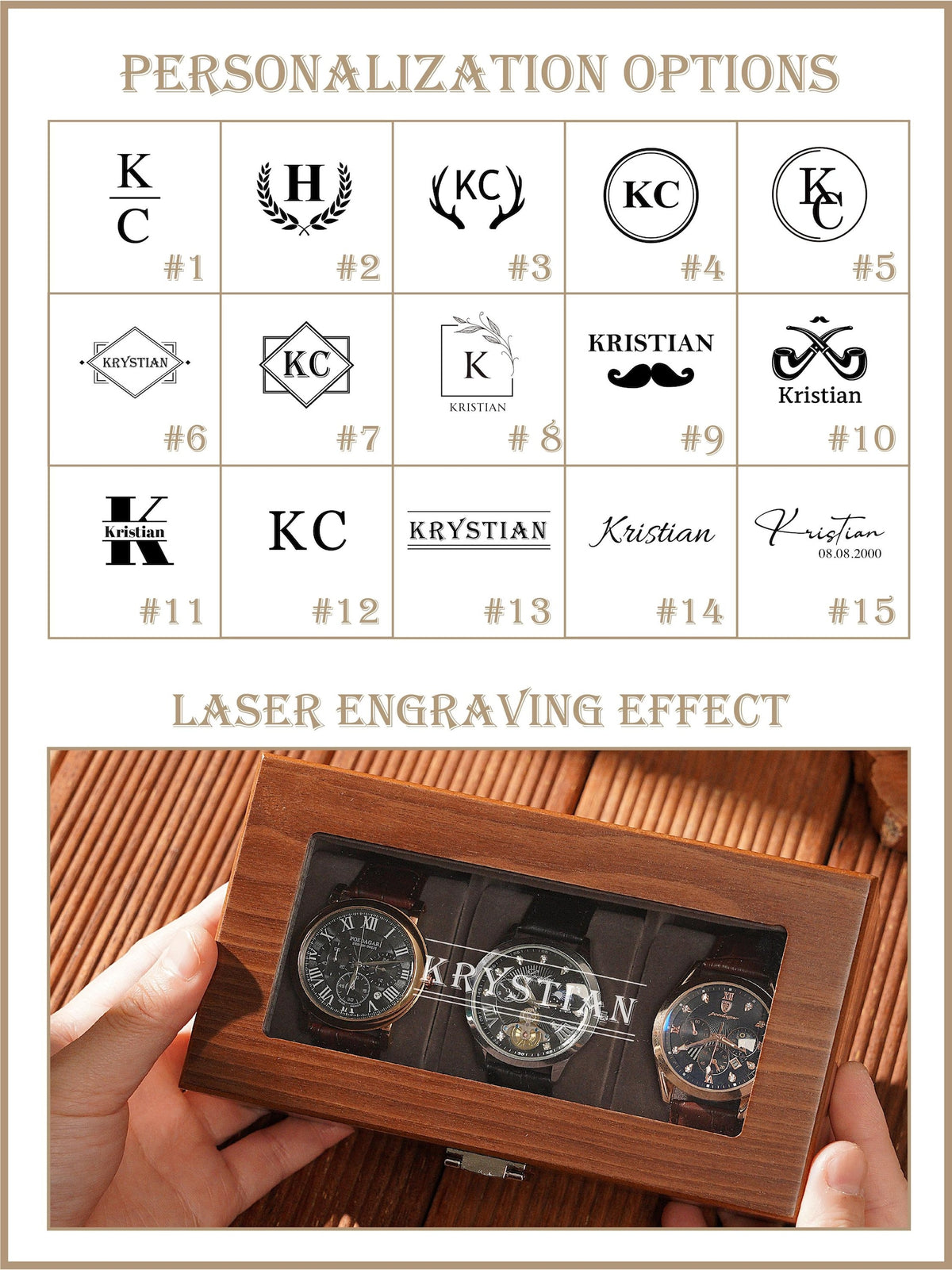Personalized Walnut Watch Box for Men, 3 or 6 Slot Wooden Watch Organizer with Glass Top, Engraved Gift for Husband Dad