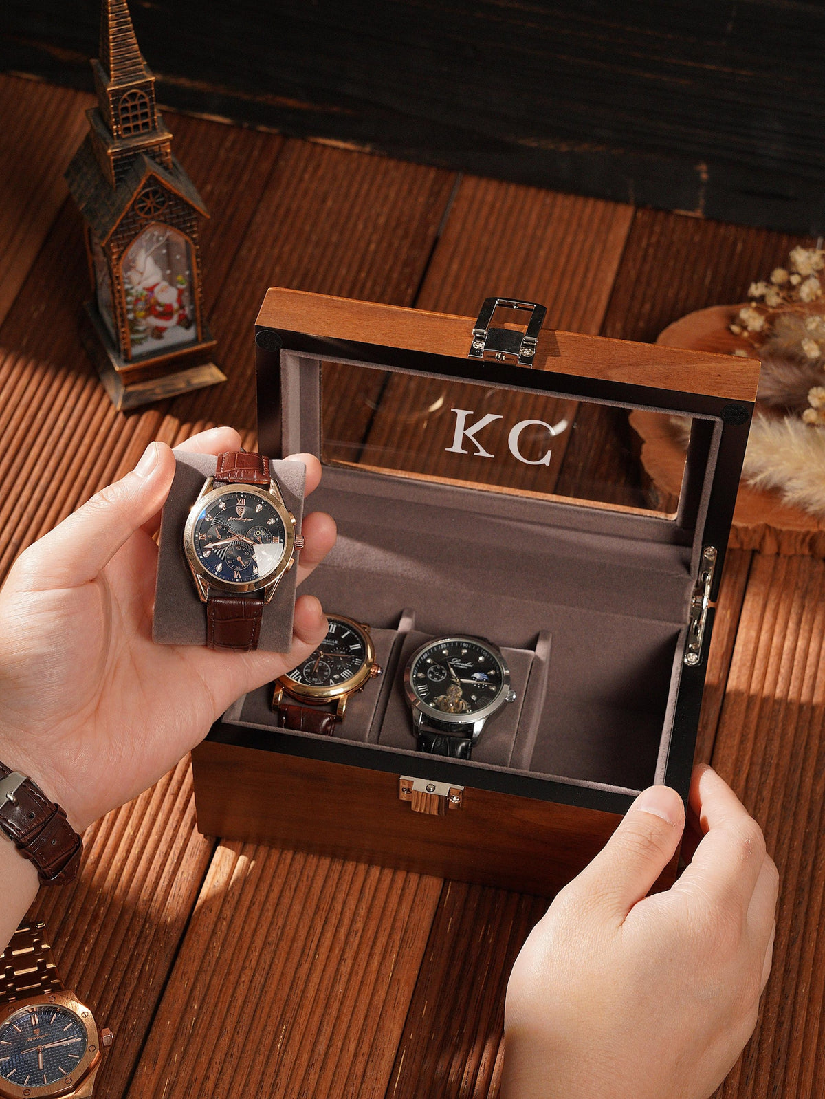 walnut watch box, mens watch organizer,3 slot, 6 slot, wooden watch case, glass top box, wood gift, watch display,gift for him, luxury gift
