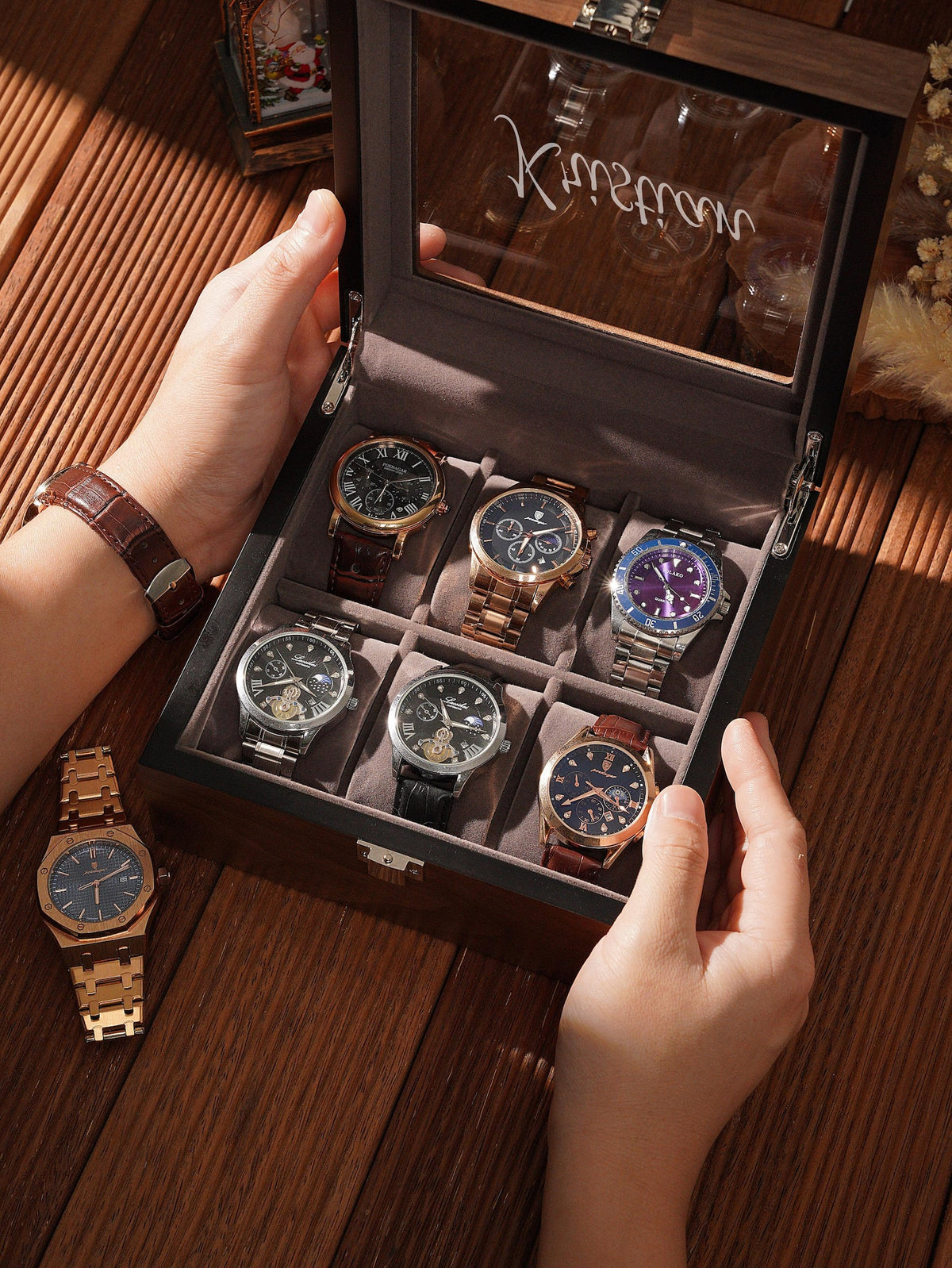 Walnut Watch Box for Men, Mens Watch Organizer,3 slot, 6 slot, Wooden Watch Case, Glass Top Box, Gift for Him,Valentine's Day Gifts