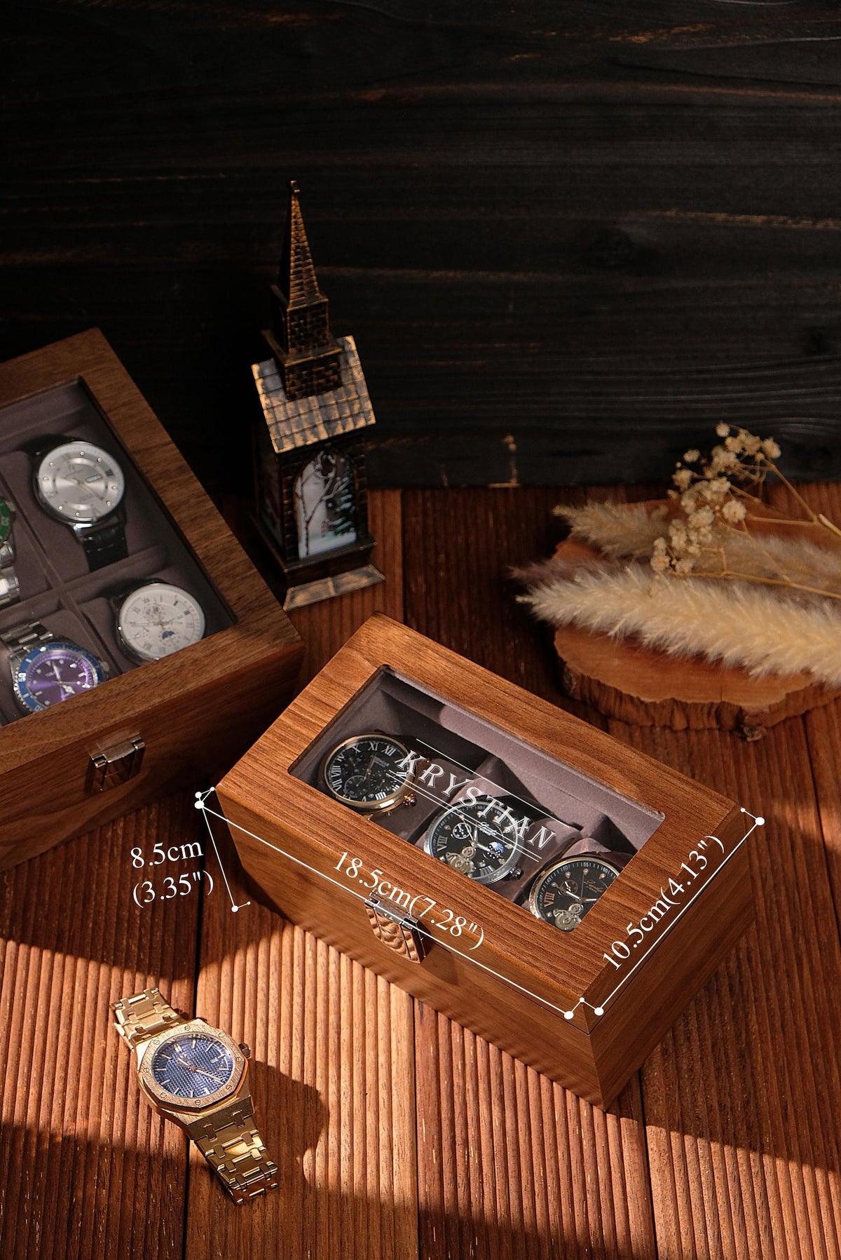 walnut watch box, mens watch organizer,3 slot, 6 slot, wooden watch case, glass top box, wood gift, watch display,gift for him, luxury gift